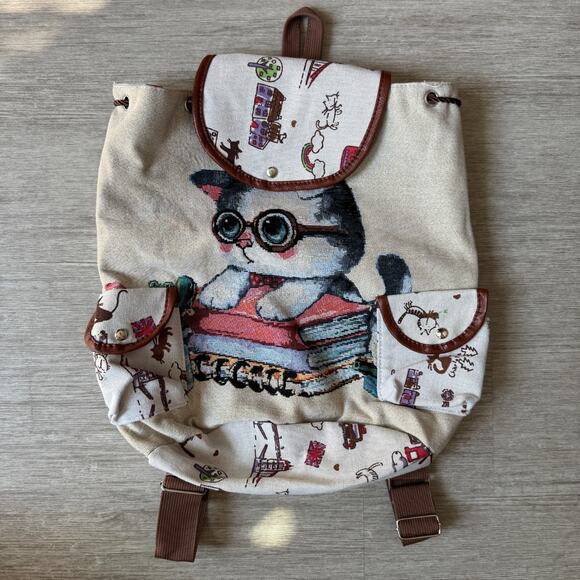 Kawaii Handbags - Kawaii Cute Kitten Cat Backpack Canvas Tote Study Bag Cat Lover Drawstring Close